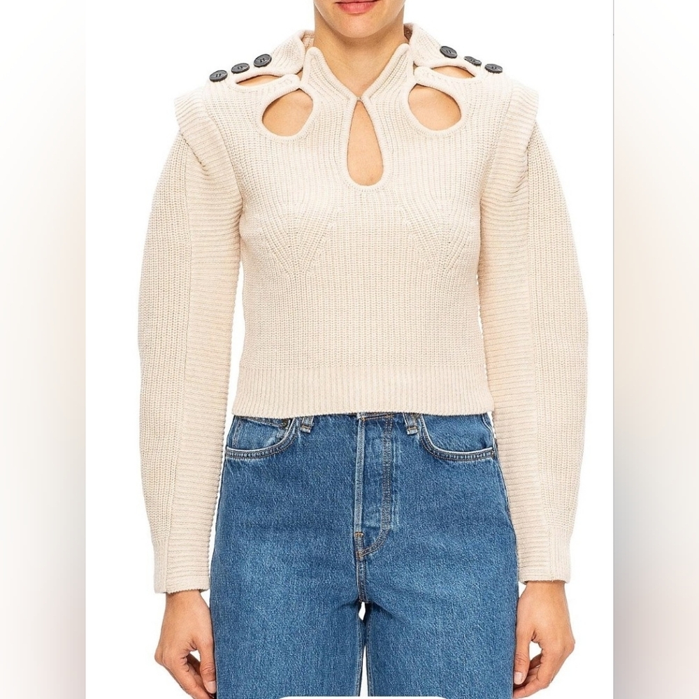 Self-Portrait Cutout Button Sand Knit Sweater.